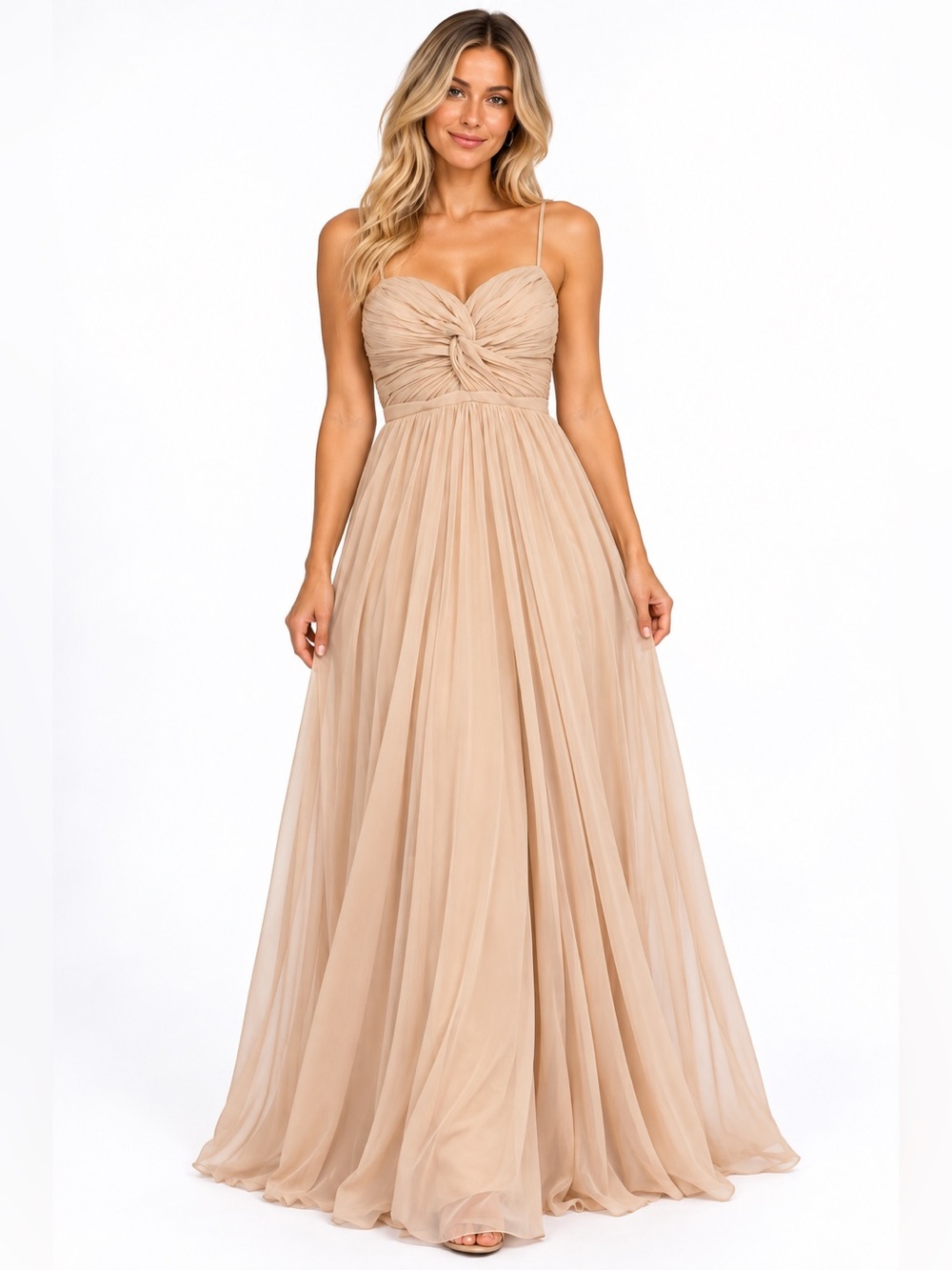 Vintage Y2K DFI Los Angeles Champagne Chiffon Formal Maxi Dress L Made USA